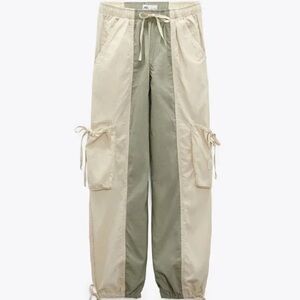 Zara Colorblocked Parachute Pants Tan Army Green Tie Waist